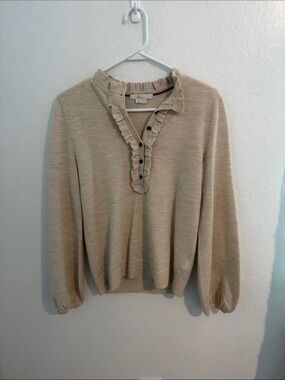 Boden Beige Ruffled V-Neck Henley Sweater